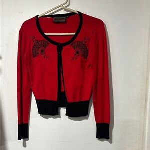 Voodoo Vixen Red and Black Cardigan Sweater with Fan Embroidery